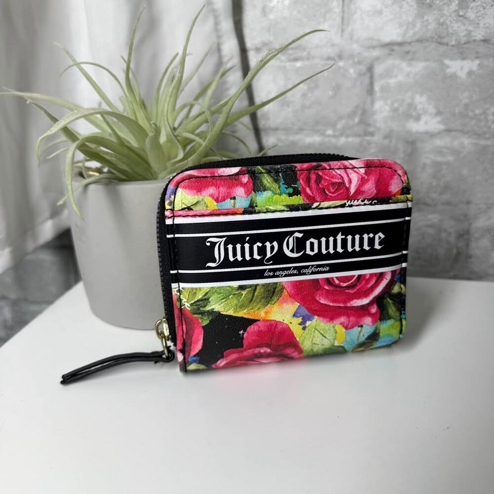 Juicy Couture Floral Rose Zip Around Bifold Wallet Black Pink NWOT